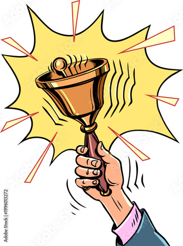 Hand rings the bell. New notifications and news. Announcement of upcoming discounts and promotions.