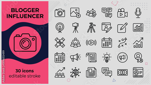 Blogger influencer thirty icons set for social media and marketing on gray background