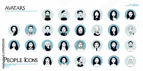 A collection of stylized black and white avatar portraits arranged in oval frames