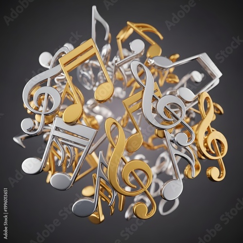 A stunning 3D render showcases a glittering cluster of golden and silver musical notes, symbolizing the universal language of music and artistic expression
