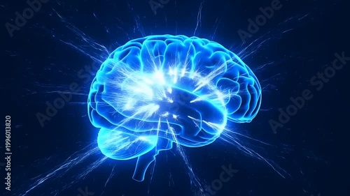A glowing futuristic human brain, neon blue color, highly detailed anatomy