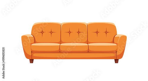 A brightly colored orange three seater sofa is displayed against a plain white background isolated