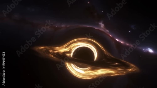 A supermassive black hole in deep space, glowing accretion disk swirling rapidly around it