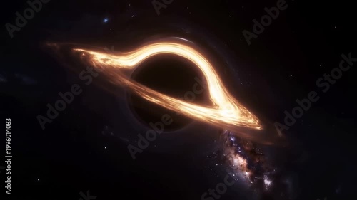 A supermassive black hole in deep space, glowing accretion disk swirling rapidly around it