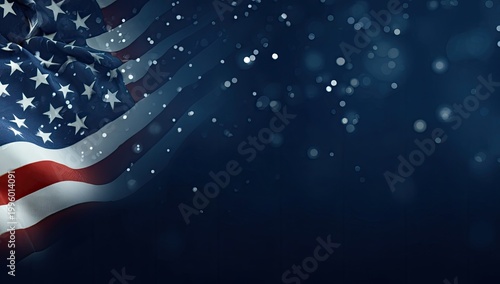 American Flag Waving in Dark Blue Sky with Bokeh Lights.