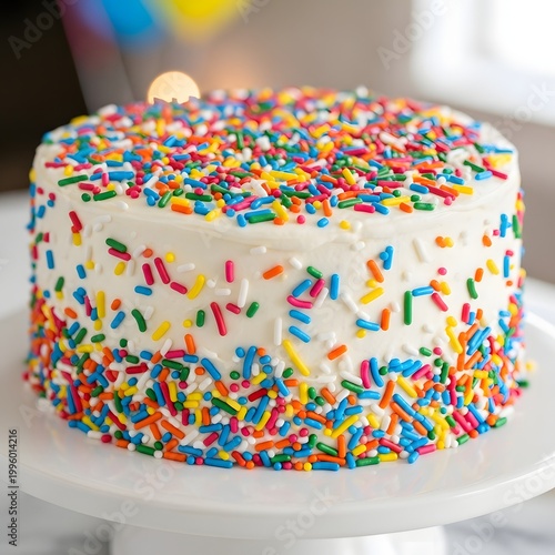 A delightful and vibrant white birthday cake generously adorned with a multitude of colorful sprinkles, presented on a white stand, perfect for any joyous celebration