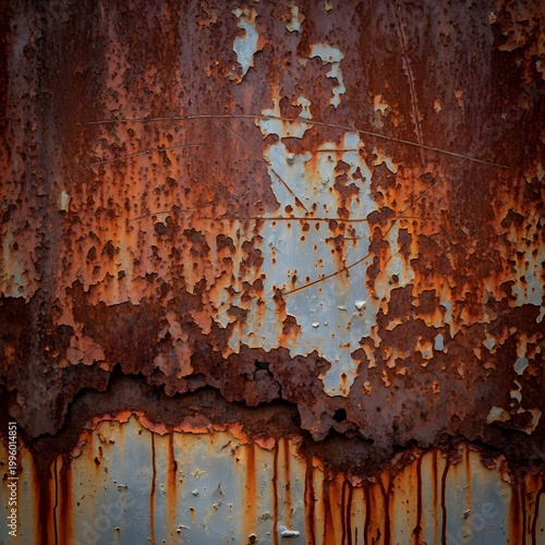 Close-up texture of weathered, rusted metal with peeling paint, showcasing abstract patterns and dripping corrosion, creating a sense of decay and age