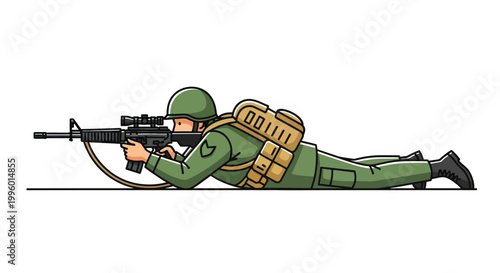 A detailed cartoon illustration depicts a soldier lying prone aiming a rifle with precision
