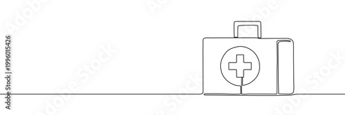 Continuous one line first aid kit emergency medical pharmacy health. First emergency aid kit bag doctor medicine art care white isolated case box hospital tool drawing paramedic background instrument.