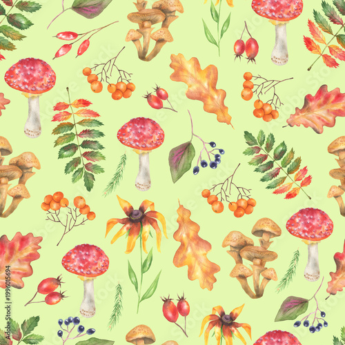 Seamless pattern of fly agarics, wild berries and plants soft green
