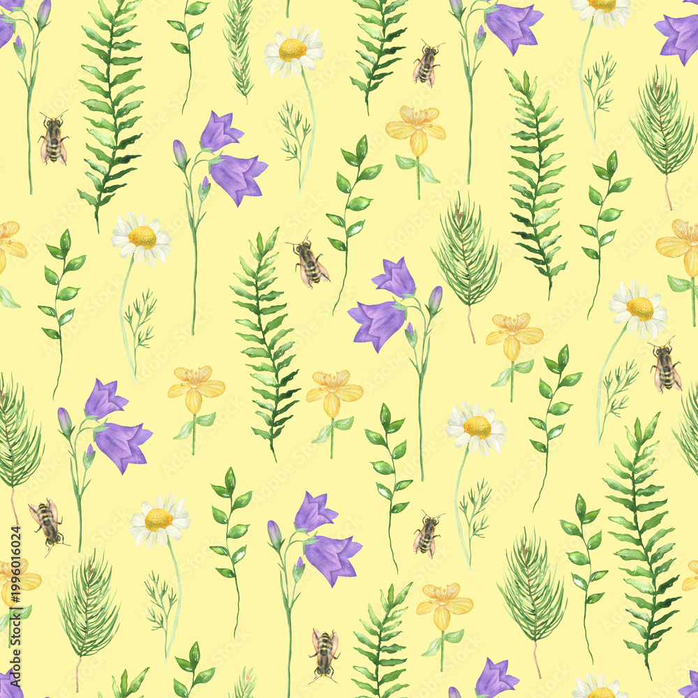 Fototapeta premium Seamless pattern of forest flowers, plants and bees yellow