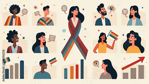 This illustration depicts upward growth represented by bars, paired with a speech bubble. It evokes positive progress and could be used to highlight p