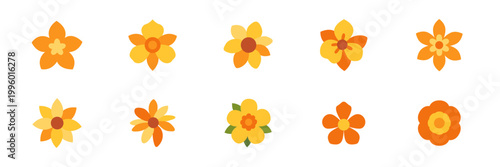 Set of yellow flower icons, floral blossom decoration, colorful collection with illustrations