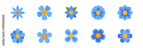 Set of blue flower icons, floral blossom decoration, colorful collection with illustrations
