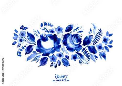 Hand drawn watercolor blue floral decor. Folk art decorative elements with flowers leaves branches. Gzhel chinaware pattern. Traditional ornamental background
