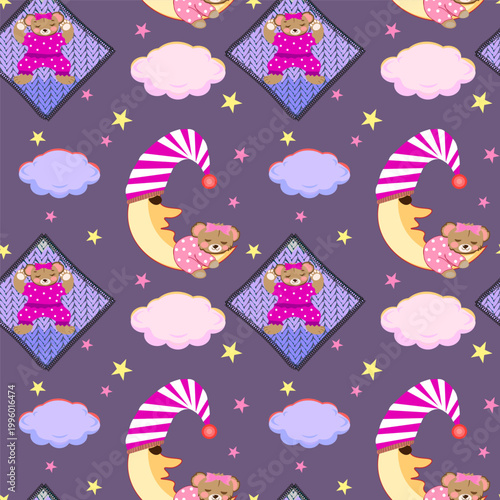  Childlike seamless vector pattern of cute teddy bears on the moon