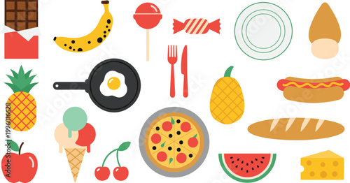 Fast food and snacks set with pizza, hotdog, ice cream, chocolate and fruits in colorful flat cartoon vector illustration style