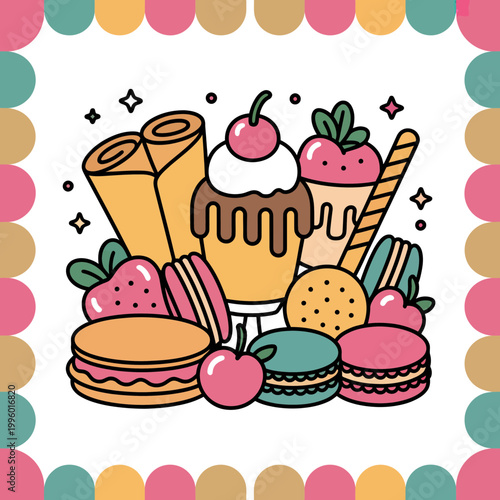 A colorful cartoon illustration of sweet desserts and fruits