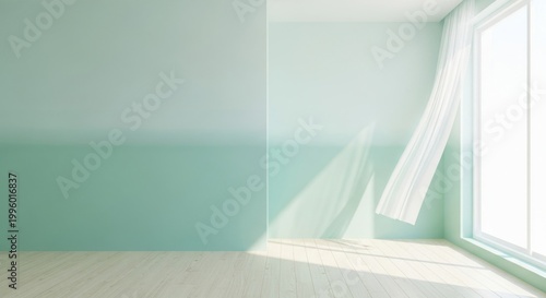 Washed out mint green painted walls in a breezy interior room with soft light and flowing fabric