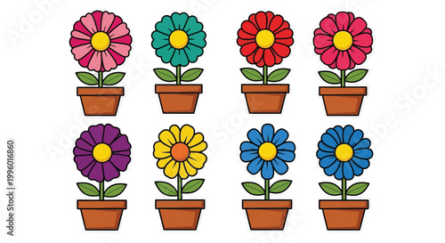 A colorful arrangement of eight cartoon flowers each in its own small terracotta pot