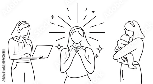 Woman working on laptop, glowing woman, and woman with baby line art illustration.