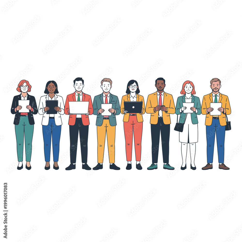 Obraz premium Business people vector illustrations holding laptops and papers in office attire