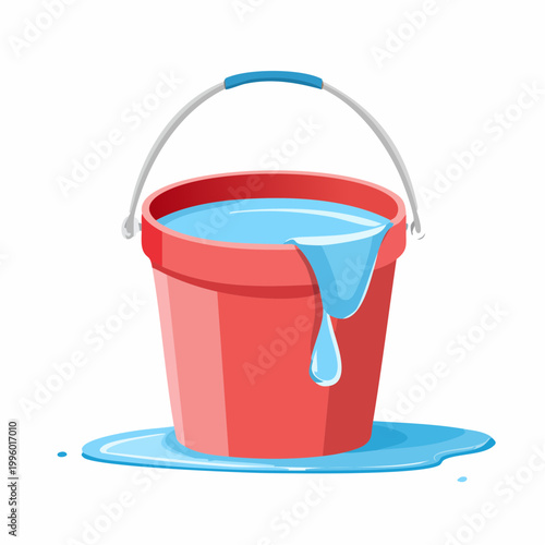 Red bucket overflowing with water, spilling onto a surface
