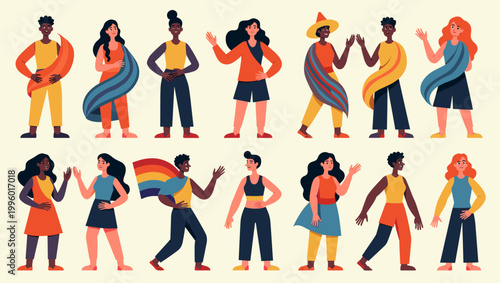 A vibrant illustration depicting a woman in a friendly pose, conveying ideas with hand gestures. Ideal for concepts like teamwork, communication, or e