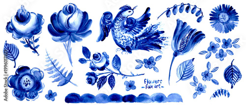 Hand drawn watercolor blue floral decor. Folk art decorative elements set with flowers leaves branches bird. Gzhel chinaware pattern. Traditional ornamental background