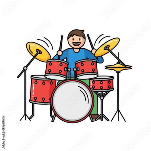 Happy Cartoon Drummer Playing Drum Kit with Drumsticks