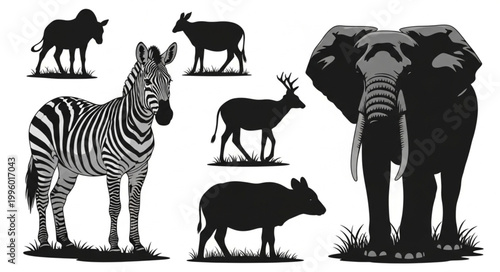 Collection of African Wildlife Silhouettes on White Background.
