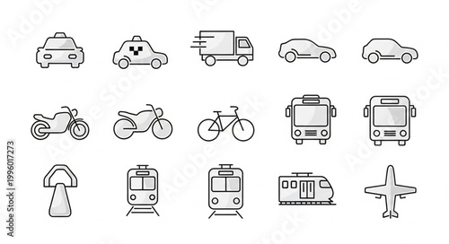 Collection of various transportation vehicle icons in a simple line art style.