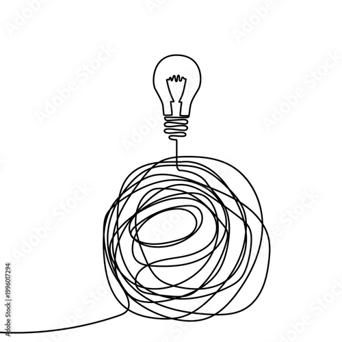 Continuous one line chaos problem scribble simple art icon knot. Chaos problem line complex brain solution tangle messy doodle drawing maze simplify lightbulb understand calm sketch background mess