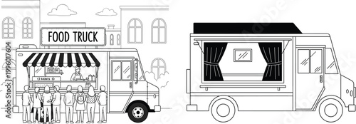 Food truck street vendor with customers and mobile food truck vehicle line art vector illustration
