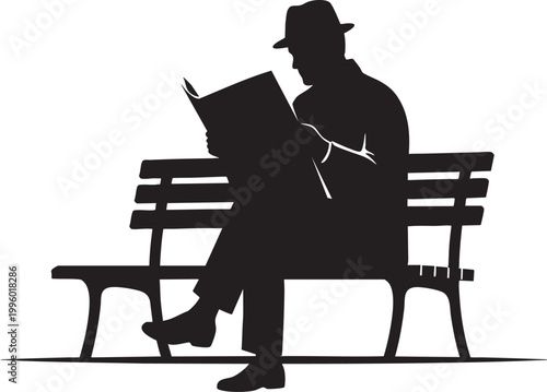Silhouette of a man in a hat reading a book on a park bench with white backgroun