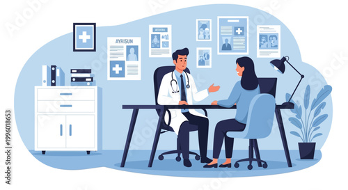 Illustration of a doctor and patient discussing health in a blue office