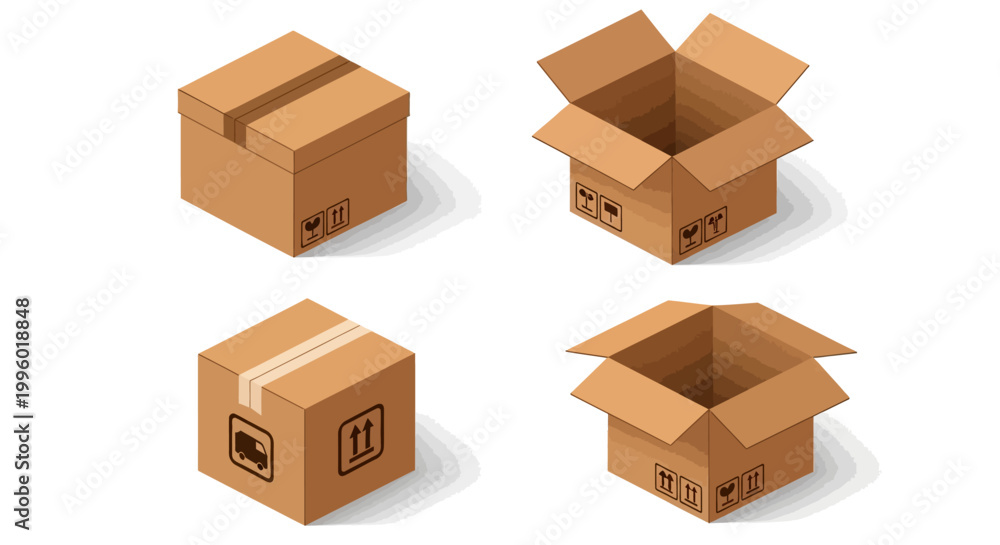 Fototapeta premium Four brown cardboard boxes in various states on a white background