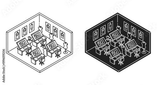 Fashion design studio icon set with isometric workstations and mannequins, white background, vector Illustration