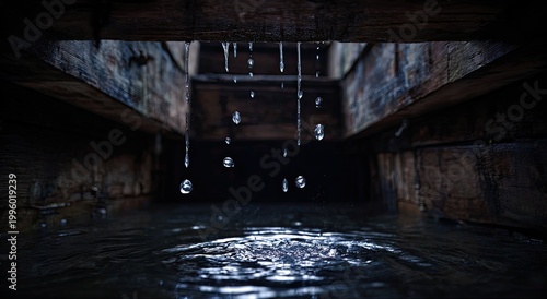 Dark Underground Tunnel with Dripping Water and Reflective Surface.
