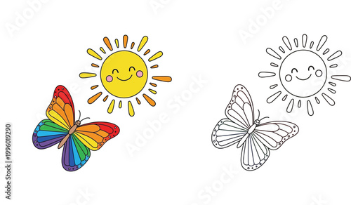 Cute Smiling Sun and Rainbow Butterfly Illustration with Black and White Line Art Version for Kids Coloring Book, Vector Nature Scene Element for Education and Creative Activities