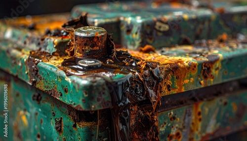Vivid close-up capturing the extensive and severe rust and acid corrosion on an old, neglected green industrial battery terminal or machinery component, illustrating material decay and degradation