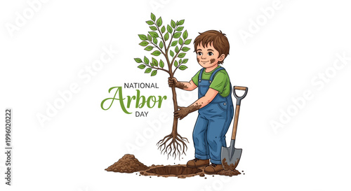 A cheerful young boy is planting a small tree sapling for Arbor Day, holding the roots carefully while standing next to a pile of dirt and a shovel, set against a clean white background