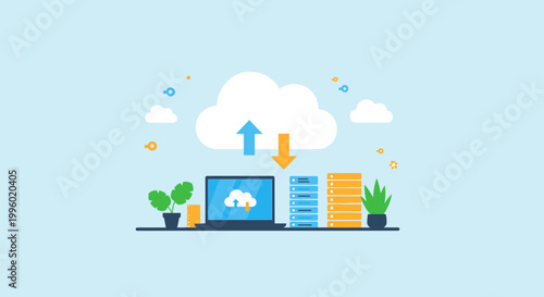 Cloud computing, data storage, technology icons, vector graphics, business illustration