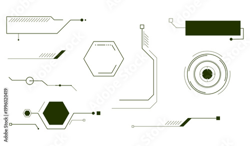 Minimal digital HUD design on white background. Abstract technology interface components with geometric shapes and connection lines.