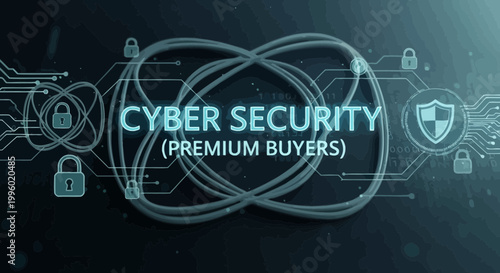 Cyber security, premium buyers, protection icons, shield, lock symbols, circuit board design elements