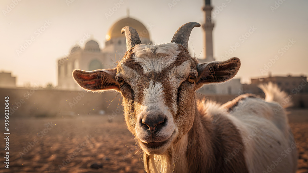 Obraz premium Eid Al Adha Mubarak Banner with Sheep Mosque and Crescent