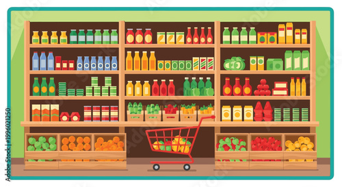 A brightly colored illustration depicts a fully stocked grocery store shelf display with a shopping cart