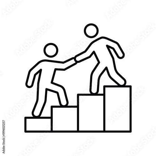 People helping each other on stairs for career growth and support line icon