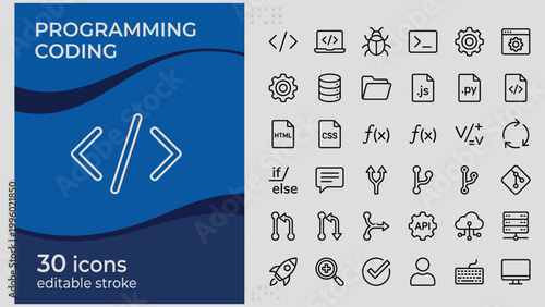 Collection of line icons for programming coding and web development concepts on gray and blue backgrounds