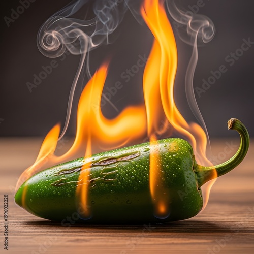 Fiery Green Jalapeno Pepper Ignited in Flames on Wooden Surface